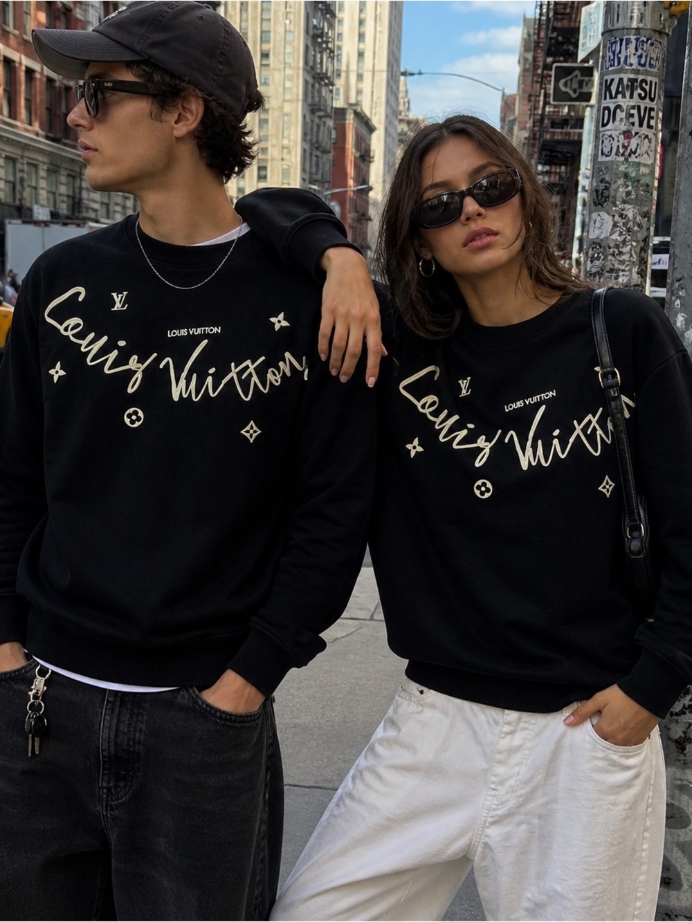 Louis Vuitton Black Crewneck Sweater with Cream Script Logo MenS/Women M